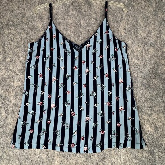 BHWM Reversible Cami Tank Top Blue Floral Stripe Size Small V Neck - Picture 1 of 10